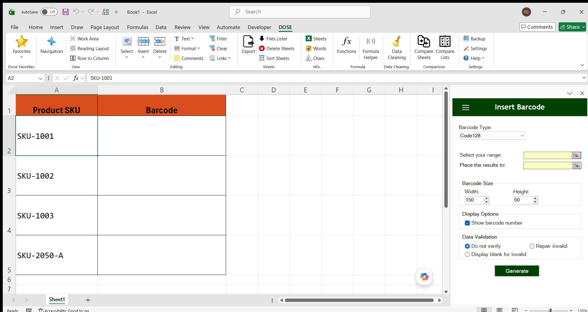 Insert Barcode task pane in Dose for Excel showing the Barcode Type dropdown, Source and Destination Range selectors, Barcode Size group, Show Barcode Text checkbox, Validation group, and Generate button
