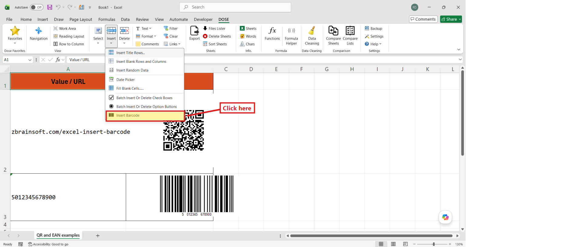 Insert Barcode click path in the Dose for Excel ribbon — DOSE tab, Editing group, Insert menu, Insert Barcode (highlighted)