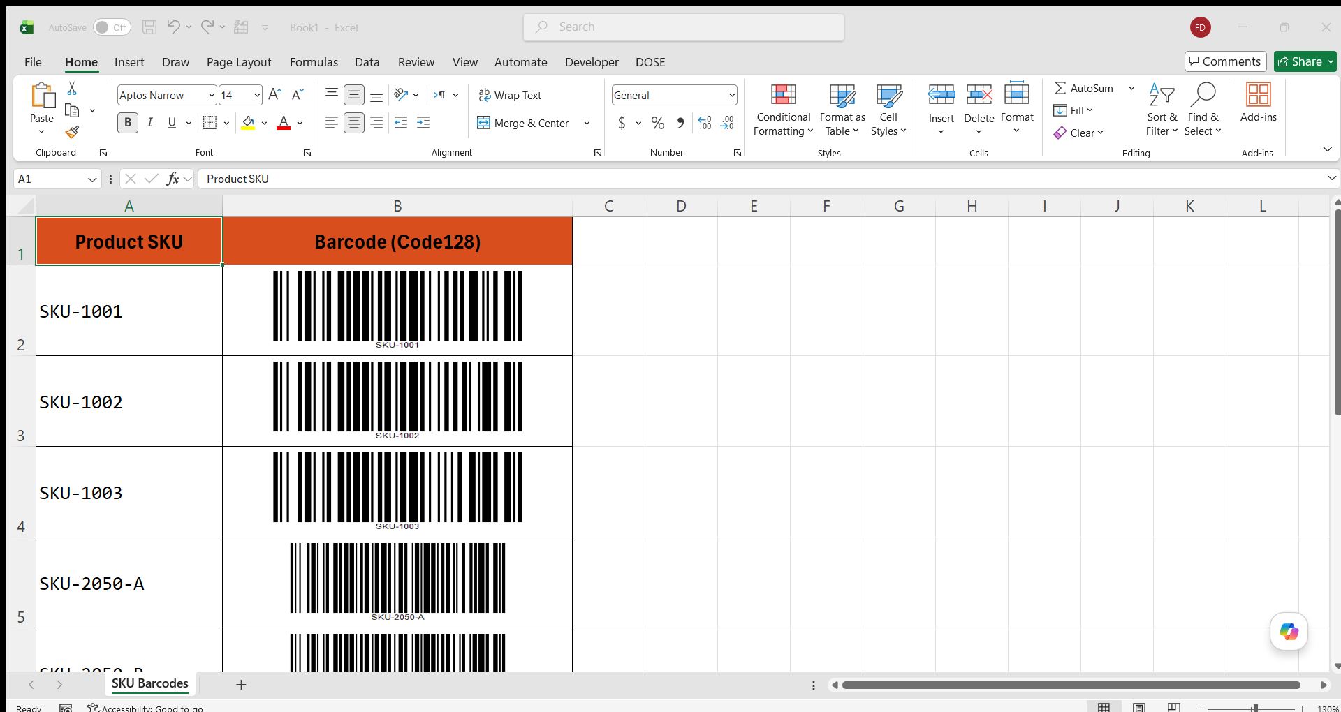After: column B of the same sheet now contains a scannable Code128 barcode image for every SKU in column A