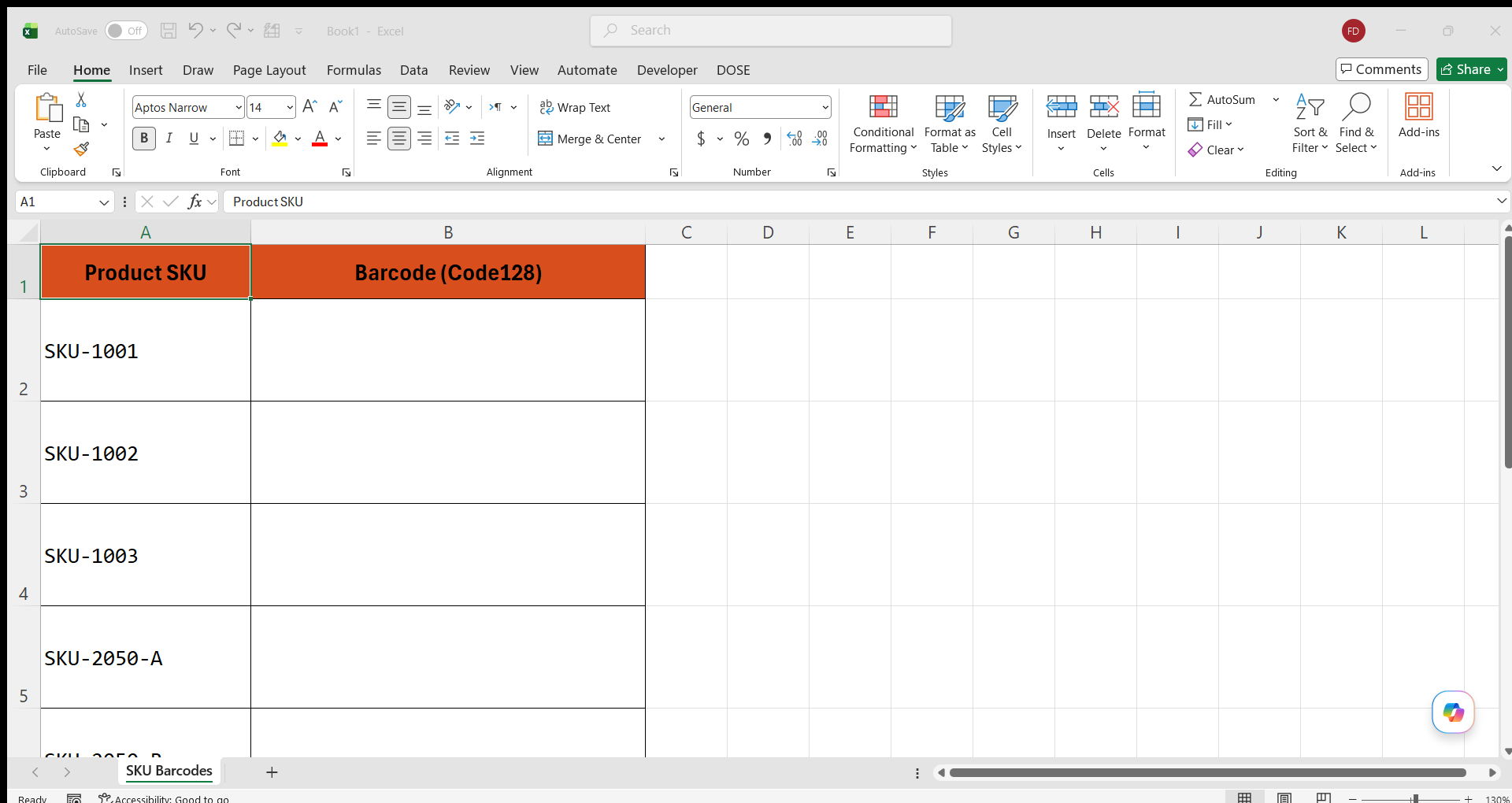 Before: column A of an Excel sheet showing a list of product SKU values ready to be converted to barcodes