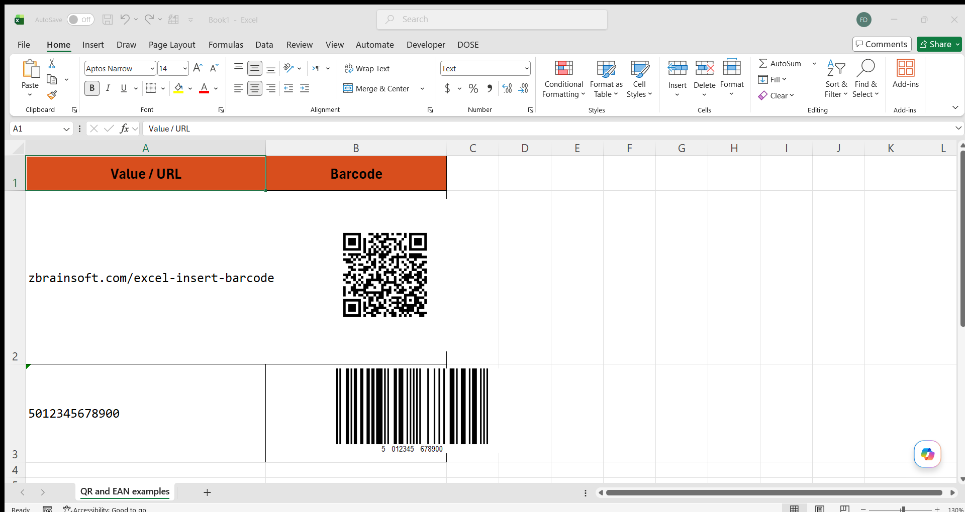 QR Code for a URL and an EAN-13 retail barcode generated in Excel by Dose for Excel